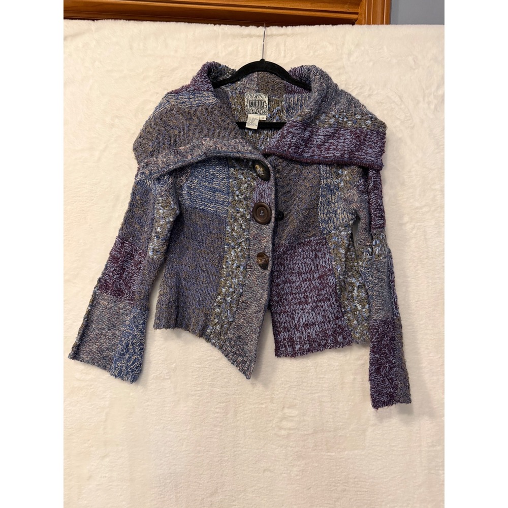 Curio Patchwork Knit Cardigan Women Medium Purple Blue Asymmetrical Shawl Collar